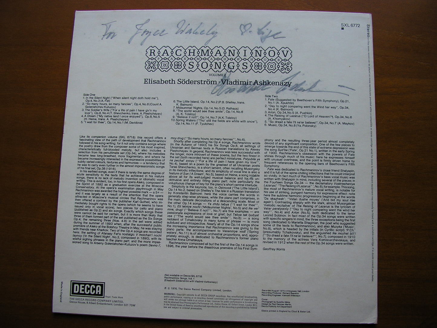 RACHMANINOV: SONGS Volume 2 ELISABETH SODERSTROM / VLADIMIR ASHKENAZY SXL 6772 SXL 6718