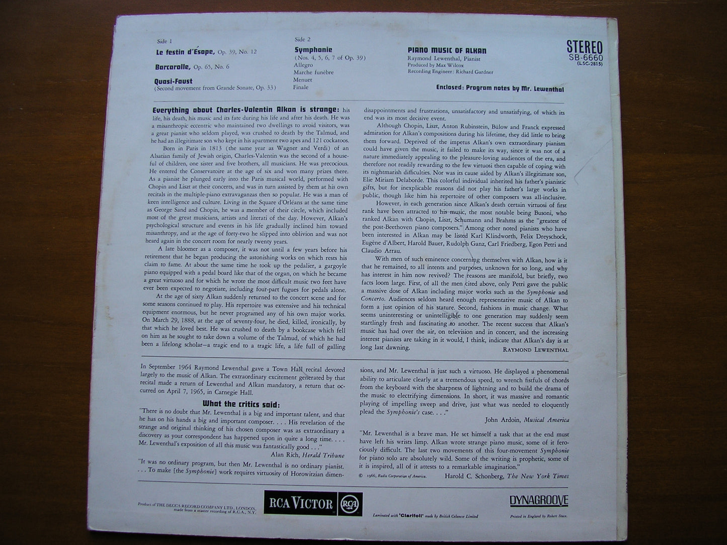 ALKAN: SYMPHONIE Op. 39 (excerpts) / THREE PIANO PIECES RAYMOND LEWENTHAL SB6660
