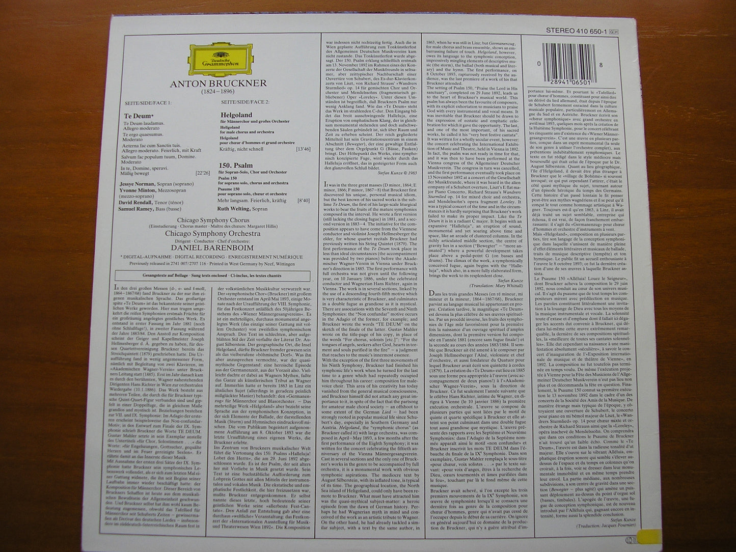 BRUCKNER: TE DEUM / PSALM 150 / HELGOLAND BARENBOIM / CHICAGO SYMPHONY 410 650
