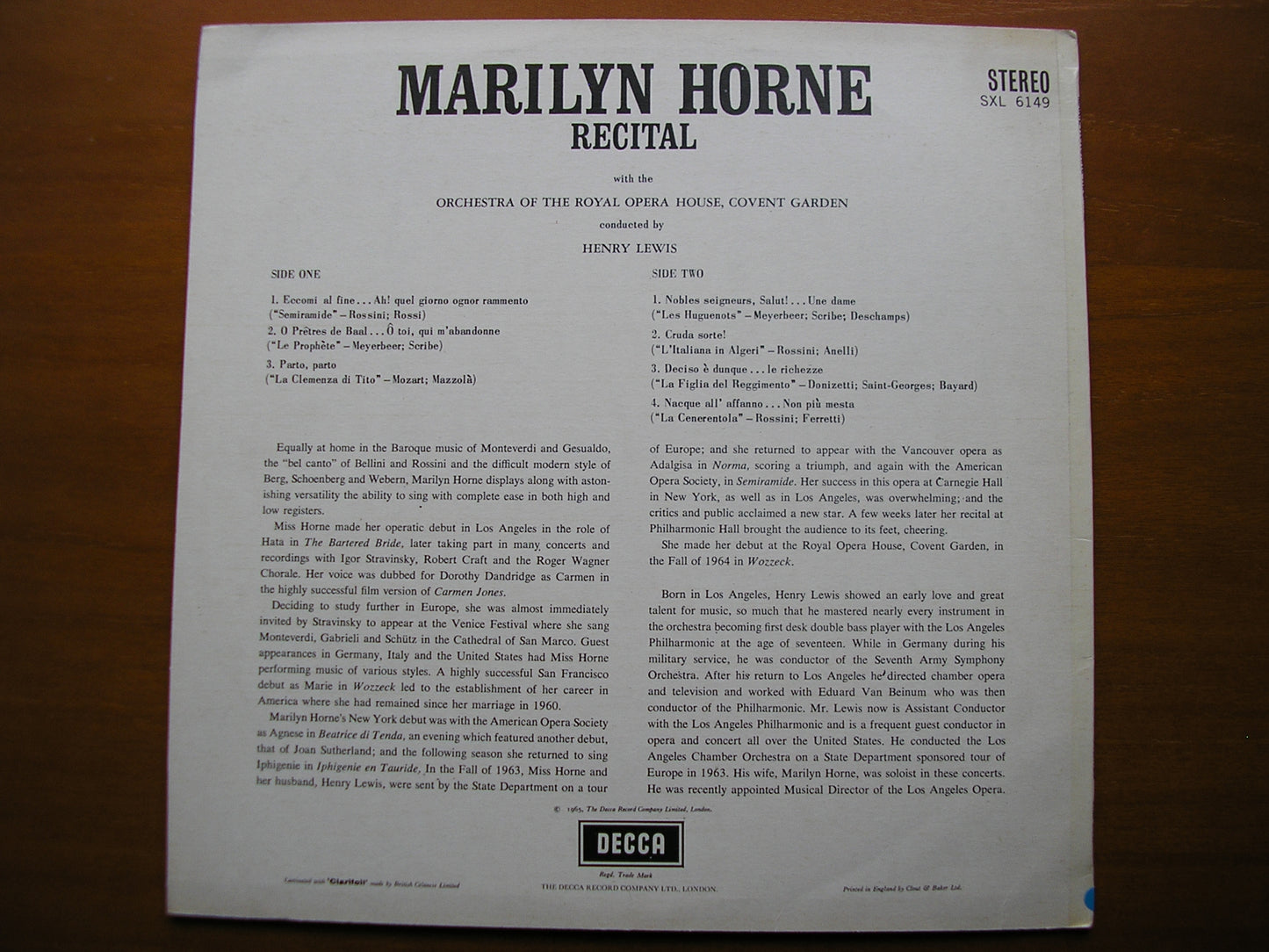 SXL 6149 OPERA ARIAS: ROSSINI / MEYERBEER / MOZART / OROHCG / LEWIS ED1