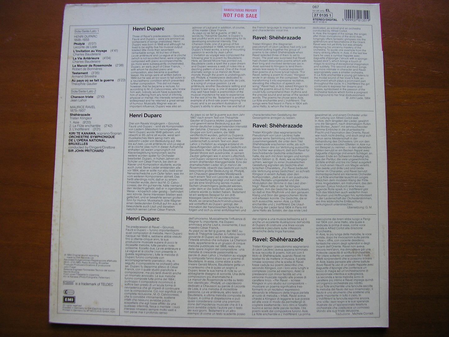 RAVEL: SHEHERAZADE / DUPARC: MELODIES       KIRI TE KANAWA / BRUSSELS OPERA ORCHESTRA / PRITCHARD    27 0135