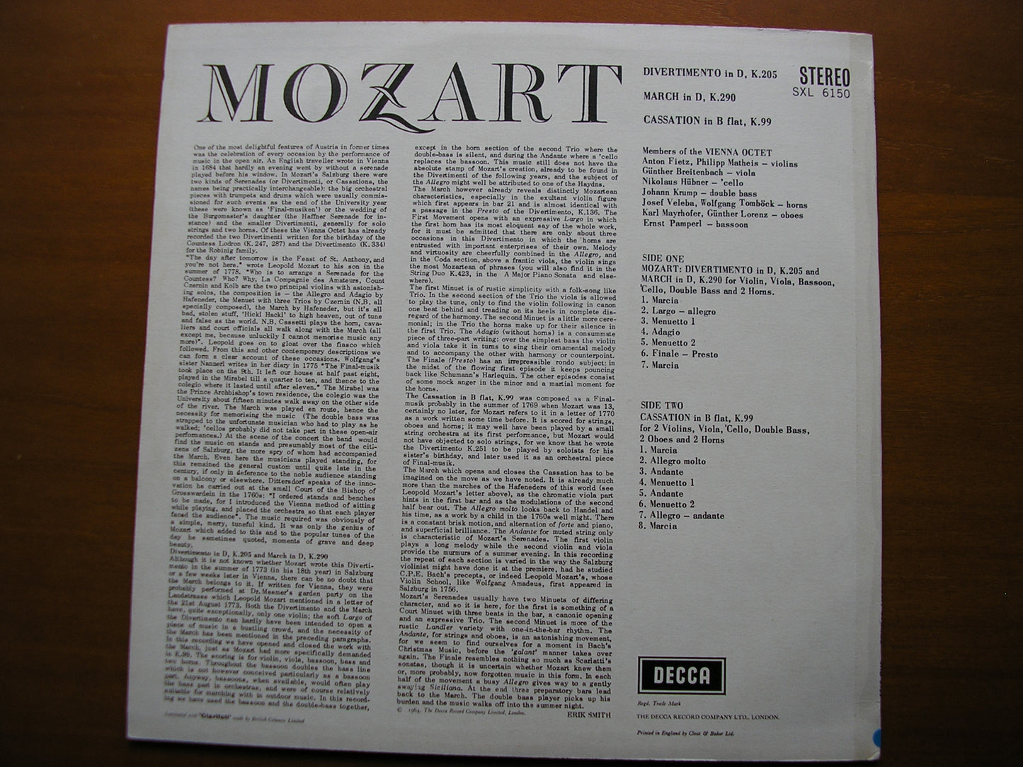SXL 6150 MOZART: DIVERTIMENTO K205 / MARCH K290 / CASSATION K99 MEMBERS OF THE VIENNA OCTET ED1