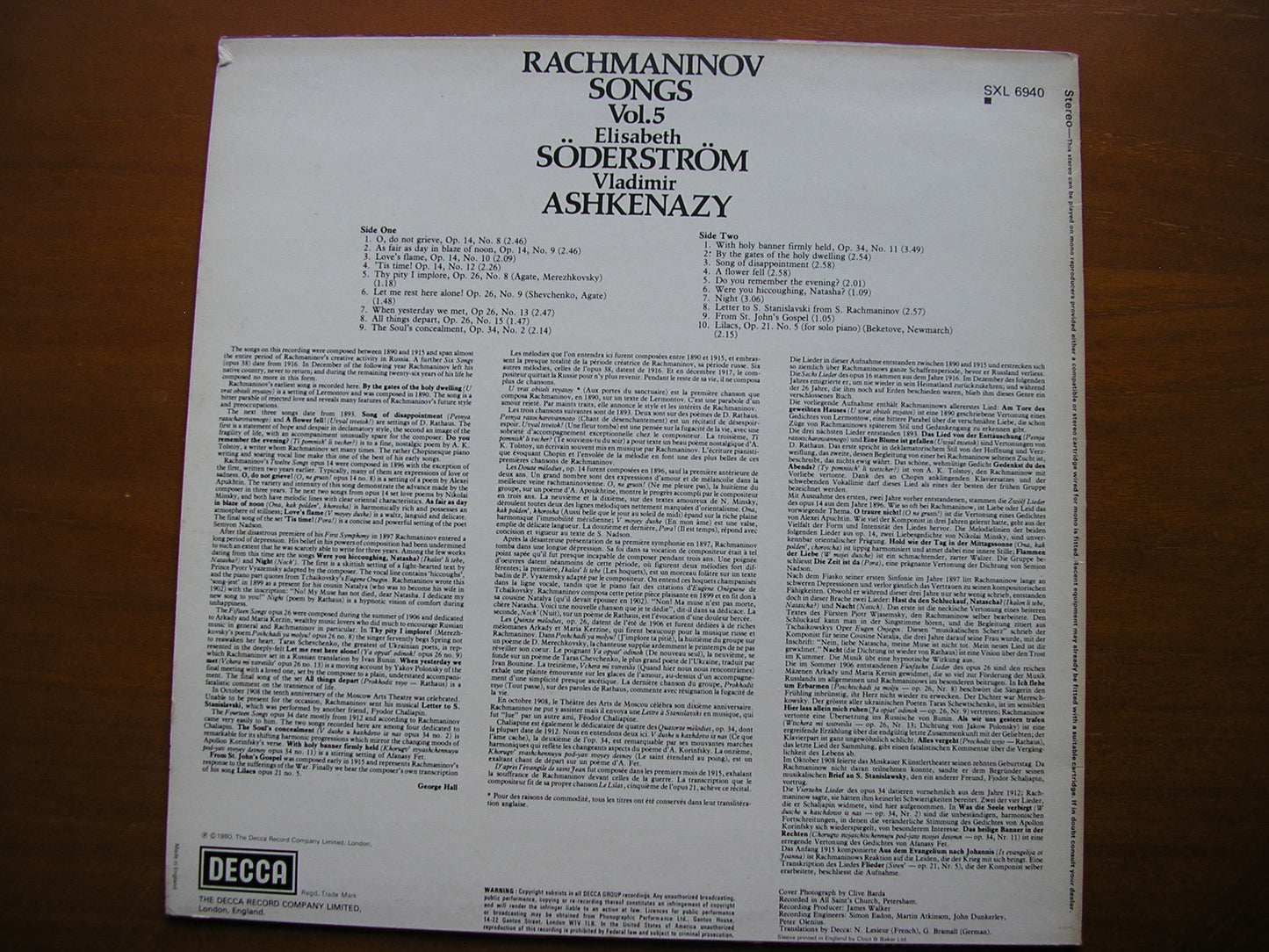 RACHMANINOV: SONGS Volume 5 ELISABETH SODERSTROM / VLADIMIR ASHKENAZY SXL 6940
