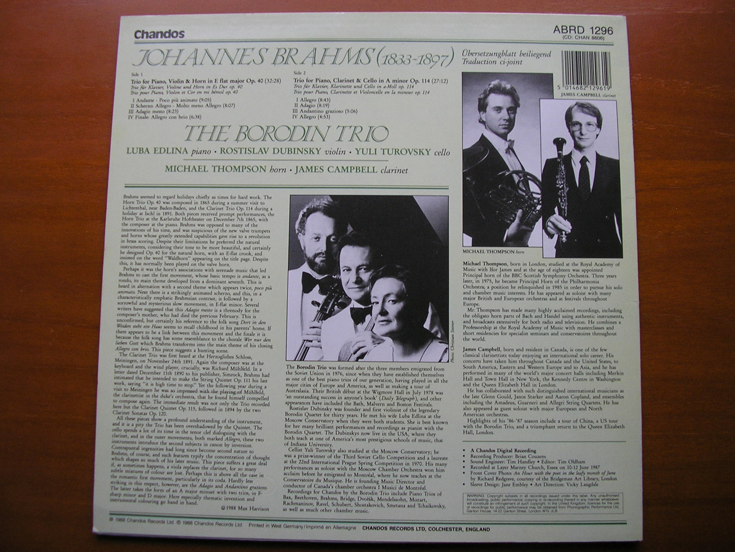 BRAHMS: TRIO Op. 40 / TRIO Op. 114 THE BORODIN TRIO / CAMPBELL / THOMPSON ABRD 1296