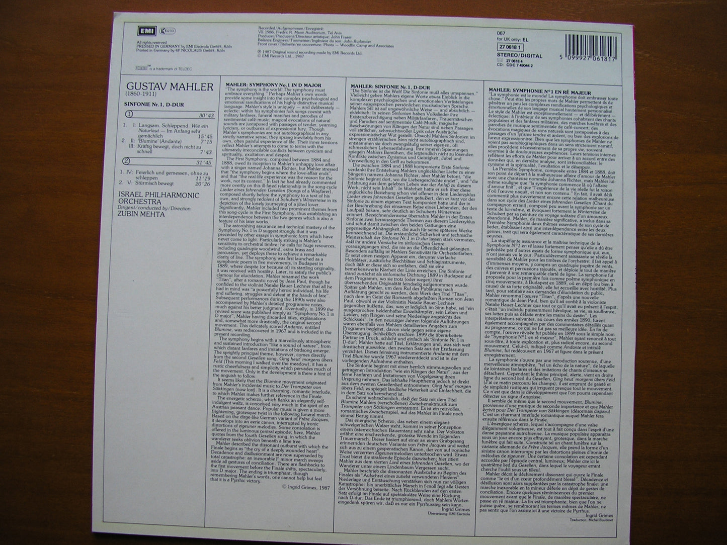 MAHLER: SYMPHONY No. 1 MEHTA / ISRAEL PHILHARMONIC 27 0618