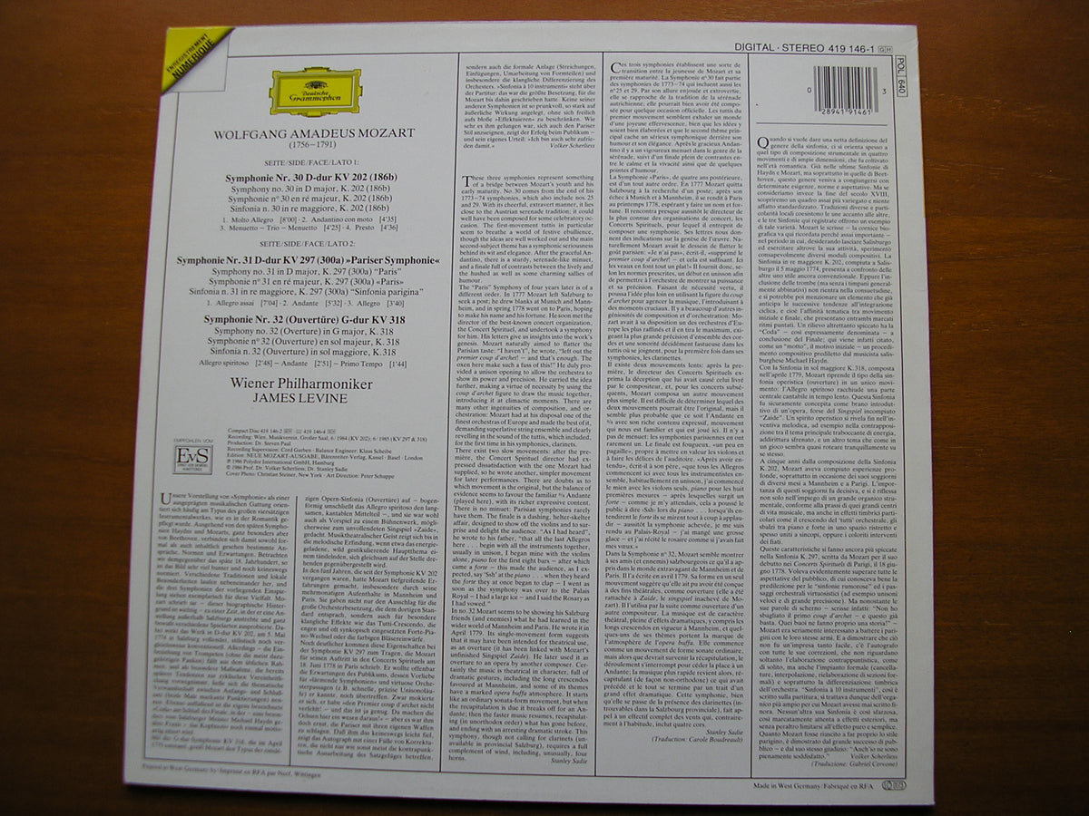 MOZART: SYMPHONIES Nos. 30 / 31 'Paris' / 32 LEVINE / VIENNA PHILHARMONIC 419 146