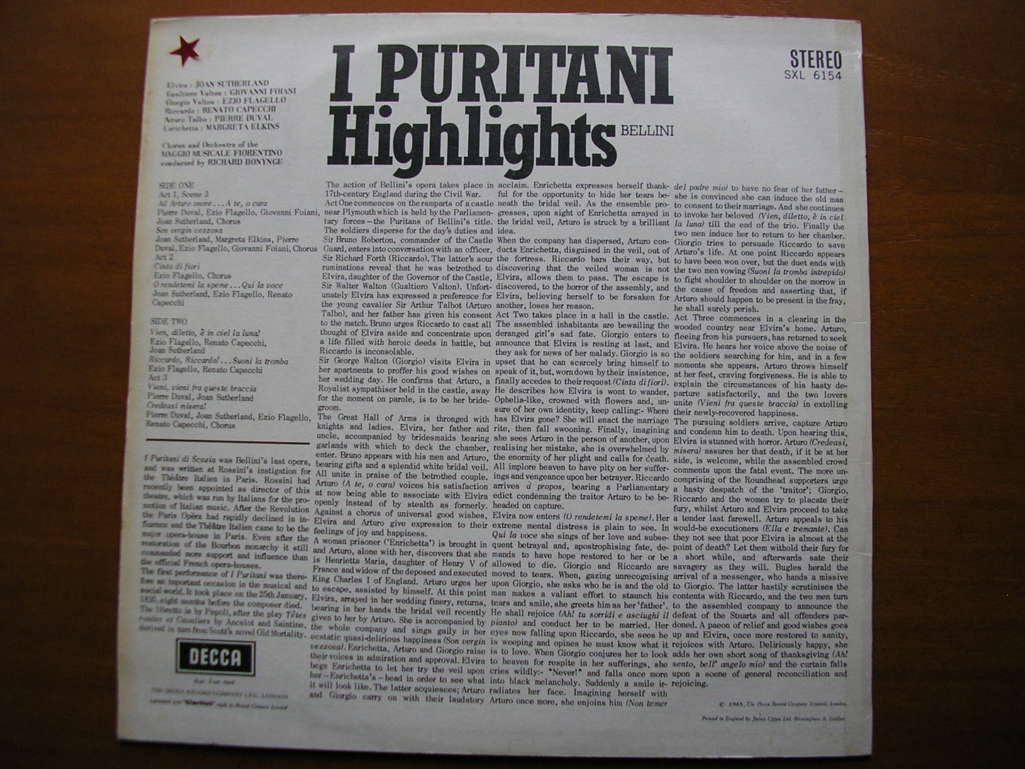 SXL 6154 BELLINI: I PURITANI highlights SUTHERLAND / DUVAL / CAPECCHI / MAGGIO MUSICALE / BONYNGE ED1