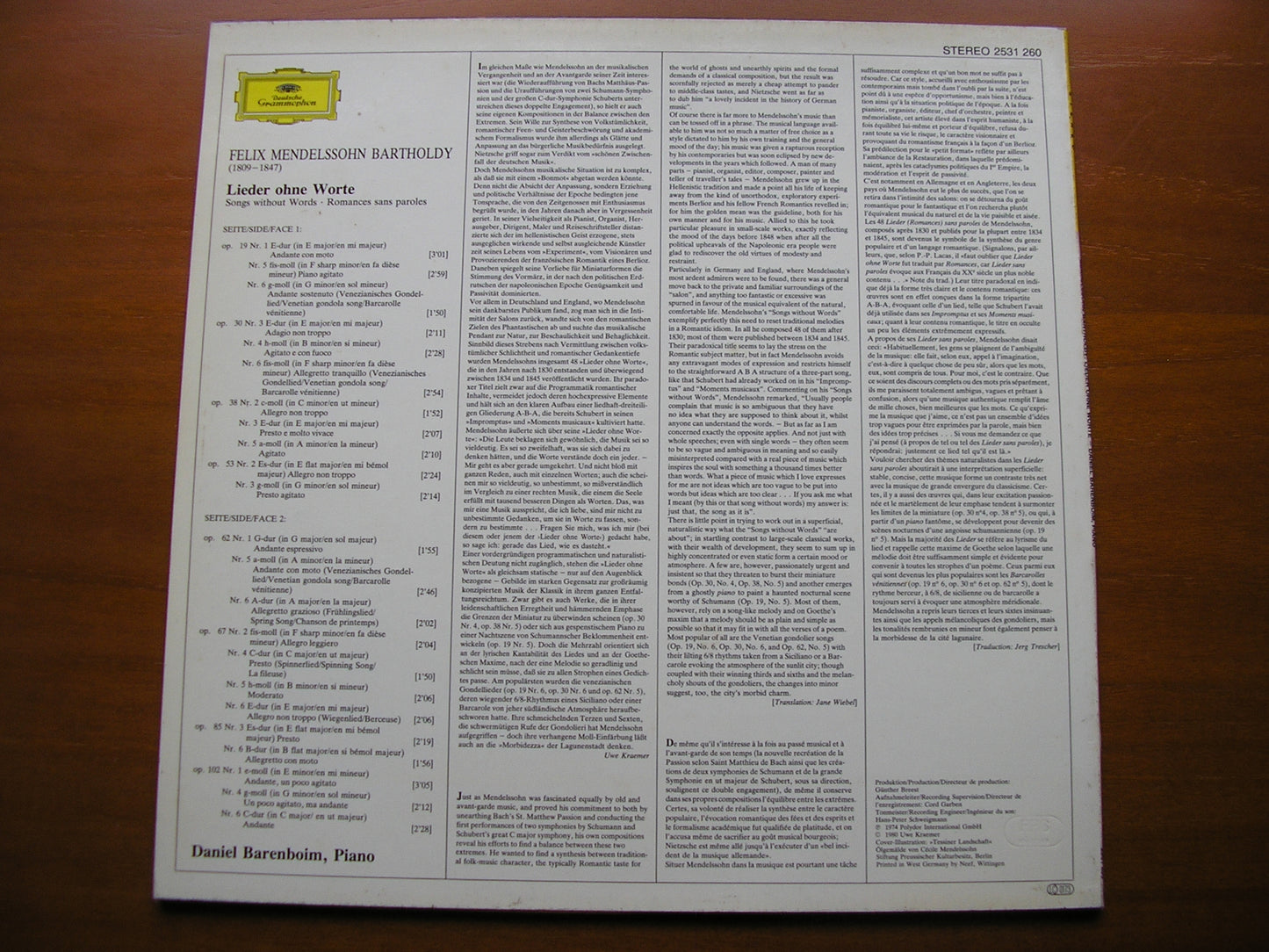 MENDELSSOHN: SONGS WITHOUT WORDS DANIEL BARENBOIM 2531 260