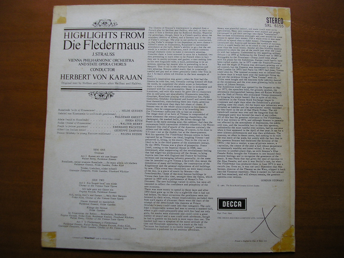 SXL 6155 STRAUSS: DIE FLEDERMAUS excerpts GUEDEN / WAECHTER / VIENNA PHILHARMONIC / KARAJAN ED1