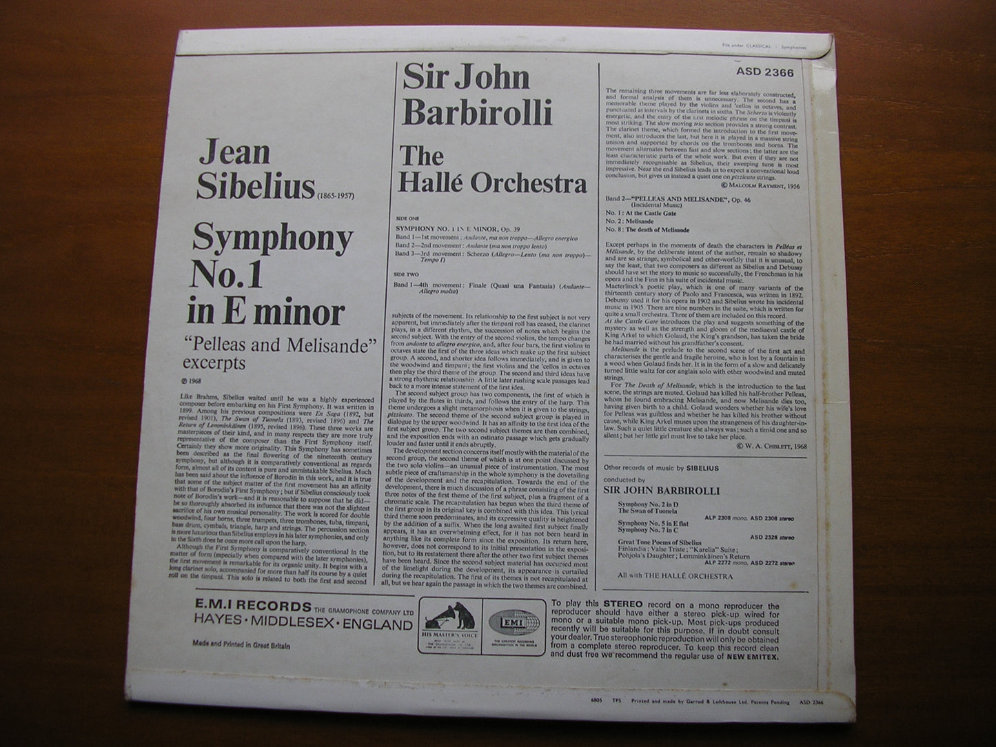 SIBELIUS: SYMPHONY No. 1 / PELLEAS & MELISANDE BARBIROLLI / HALLE ORCHESTRA ASD 2366