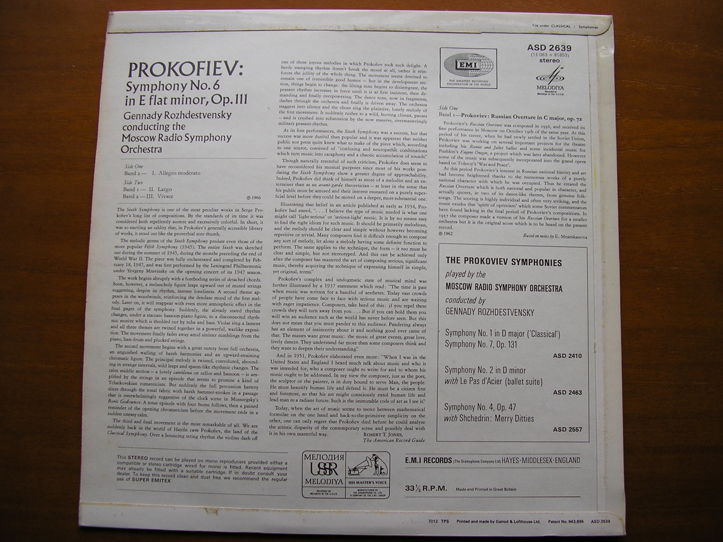 PROKOFIEV: SYMPHONY No. 6 / RUSSIAN OVERTURE ROZHDESTVENSKY / MOSCOW RADIO SYMPHONY ASD 2639