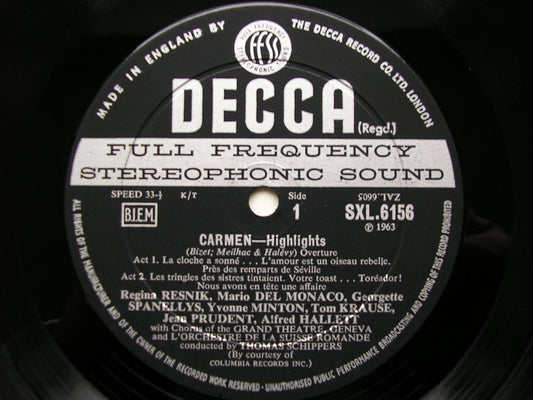 SXL 6156 BIZET: CARMEN highlights RESNIK / DEL MONACO / KRAUSE / SUISSE ROMANDE / SCHIPPERS ED2