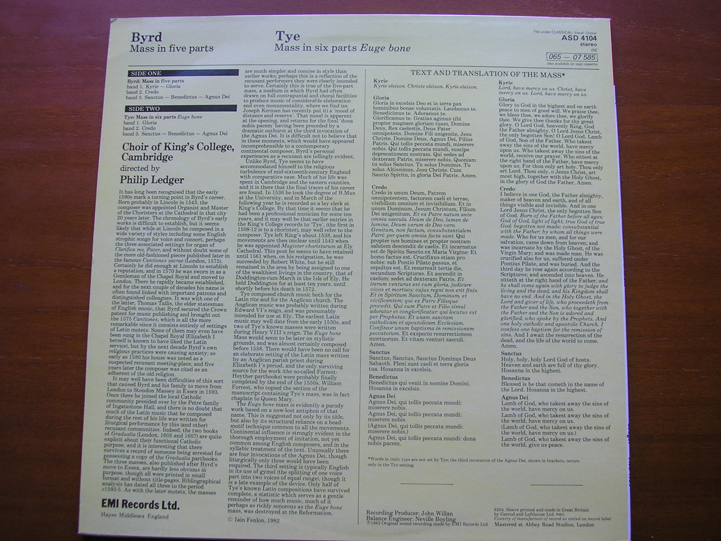 BYRD: MASS in FIVE PARTS / TYE: MASS in SIX PARTS 'Euge Bone' KING'S COLLEGE CAMBRIDGE / LEDGER ASD 4104