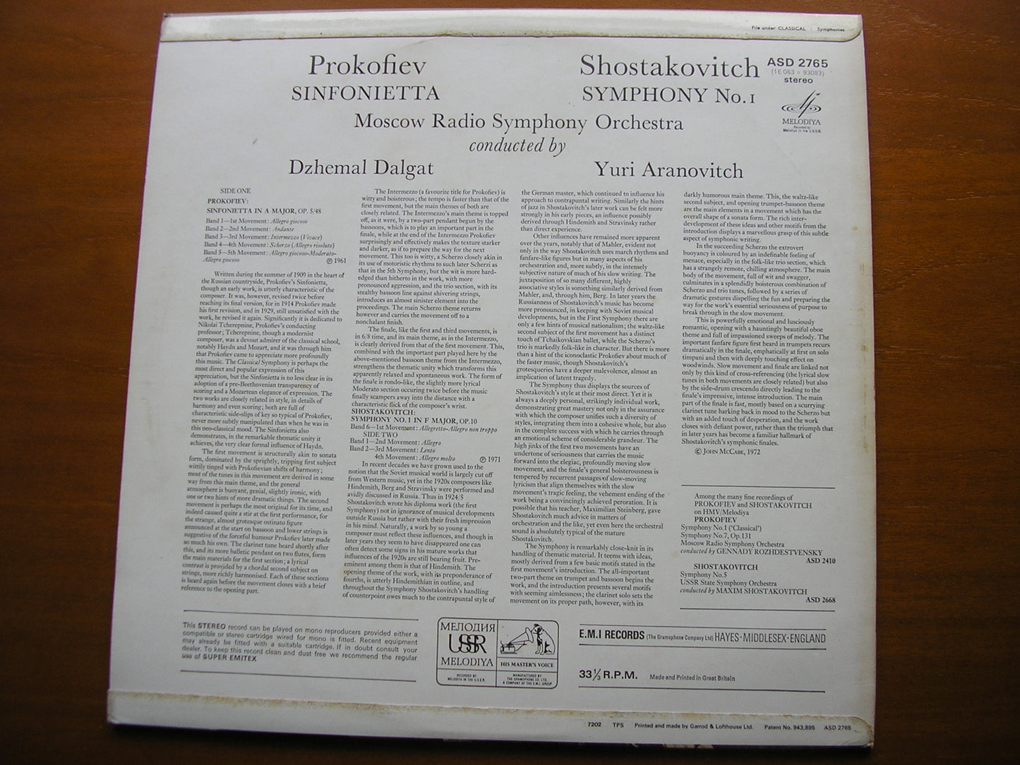 PROKOFIEV: SINFONIETTA / SHOSTAKOVICH: SYMPHONY No. 1 DALGAT / ARANOVICH / MOSCOW RADIO SYMPHONY ASD 2765