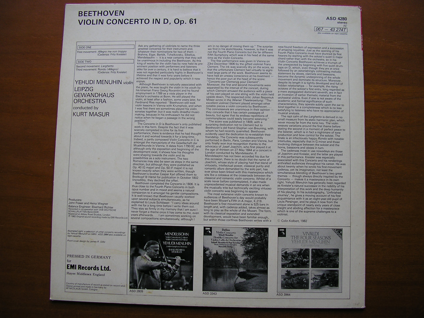 BEETHOVEN: VIOLIN CONCERTO MENUHIN / LEIPZIG GEWANDHAUS / MASUR ASD 4280