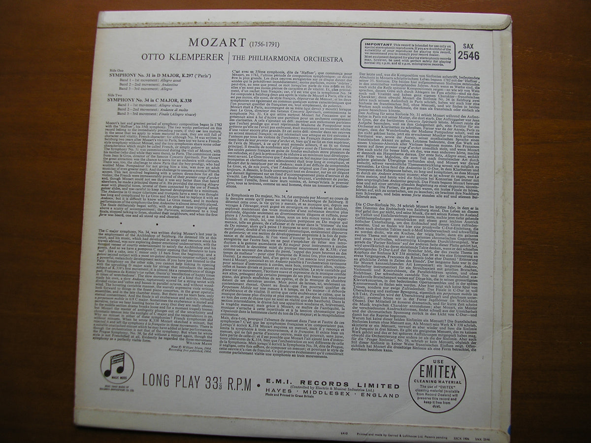 MOZART: SYMPHONIES Nos. 31 'Paris' & 34 KLEMPERER / PHILHARMONIA SAX 2546