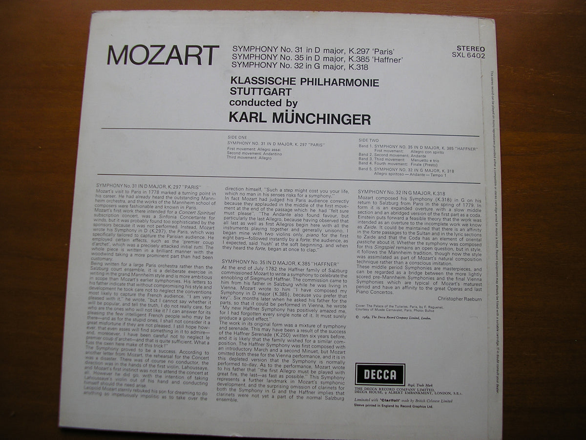 MOZART: SYMPHONIES Nos. 31 'Paris' / 32 / 35 'Haffner' MUNCHINGER / STUTTGART PHILHARMONIC SXL 6402