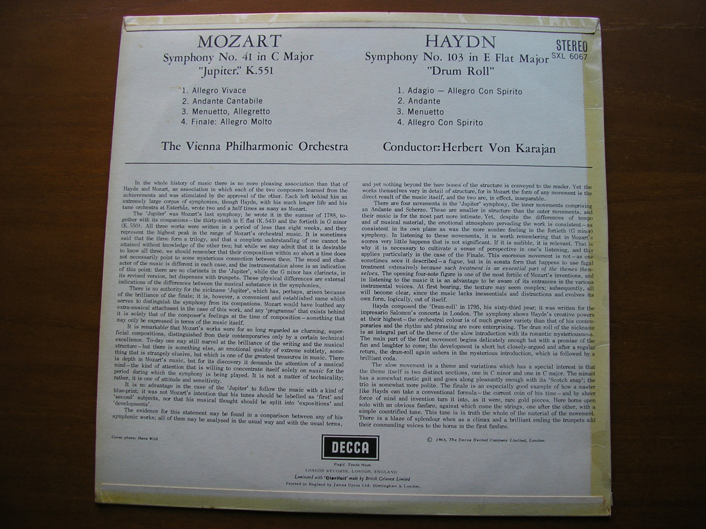 MOZART: SYMPHONY No. 41 'Jupiter' / HAYDN: SYMPHONY No. 103 'Drum Roll' KARAJAN / VIENNA PHILHARMONIC SXL 6067