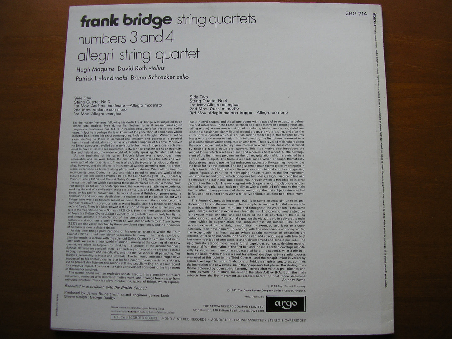 BRIDGE: STRING QUARTETS Nos. 3 & 4        ALLEGRI STRING QUARTET      ZRG 714
