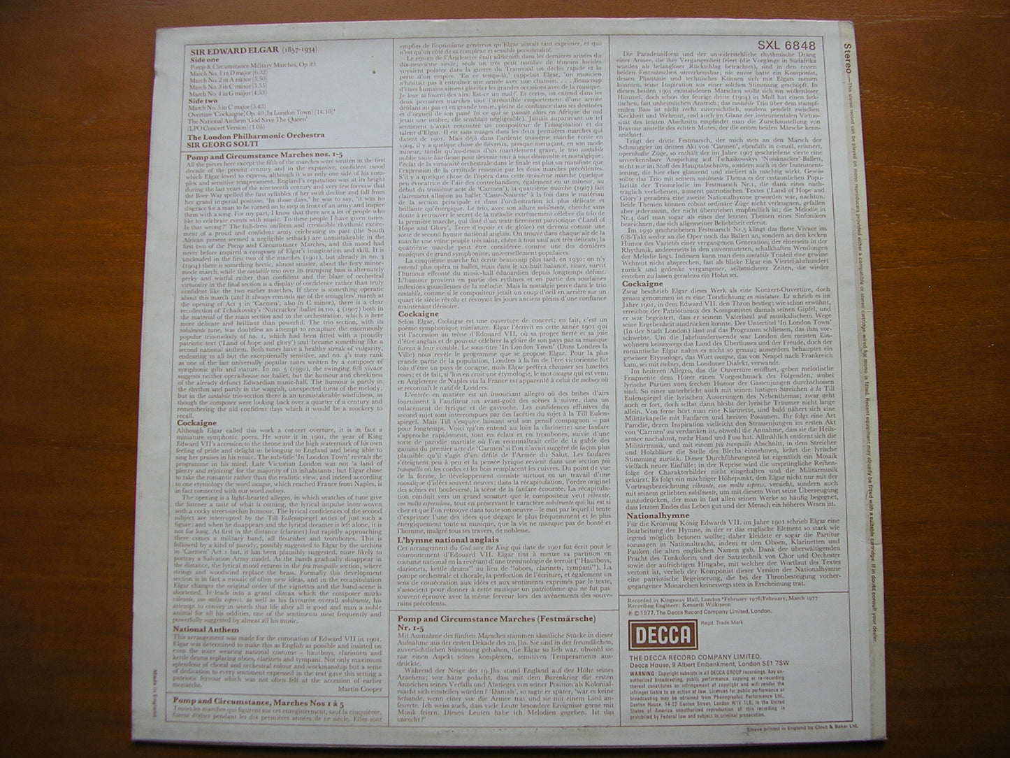 ELGAR: POMP & CIRCUMSTANCE MARCHES 1 - 5 / OVERTURE COCKAIGNE      SOLTI / LONDON PHILHARMONIC      SXL 6848