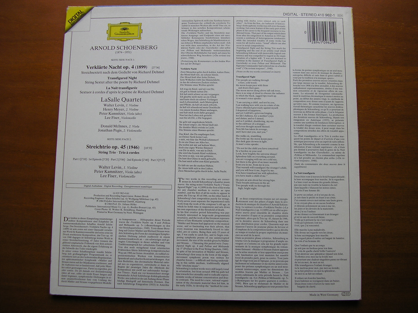 SCHOENBERG: VERKLARTE NACHT / STRING TRIO LASALLE QUARTET / McINNES / PEGIS 410 962