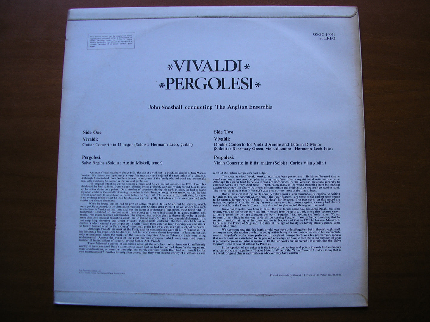 VIVALDI: GUITAR CONCERTO / PERGOLESI: SALVE REGINA / VIOLIN CONCERTO   SOLOISTS / ANGLIAN ENSEMBLE / SNASHALL      GSGC 14041