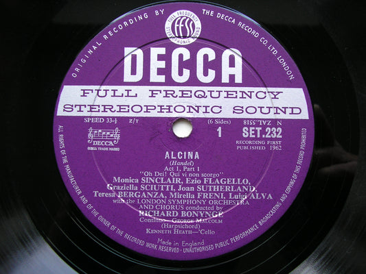 HANDEL: ALCINA (1735) SOLOISTS / LONDON SYMPHONY / BONYNGE 3LP SET 232 / 4