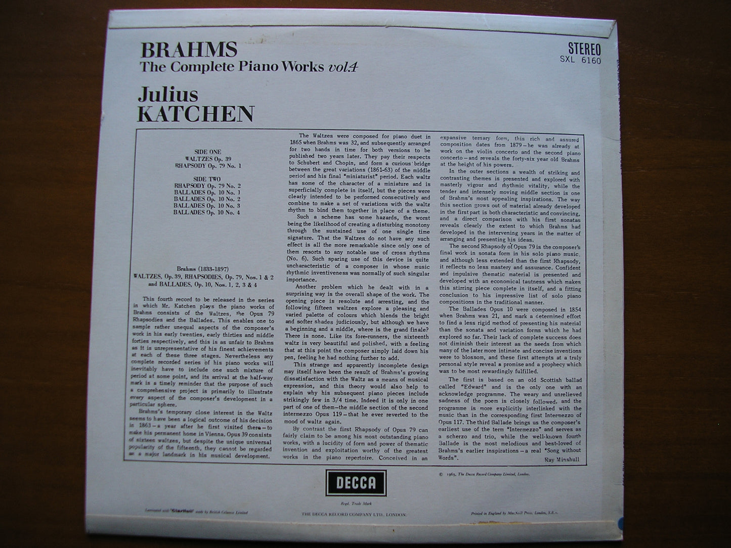 SXL 6160 BRAHMS: COMPLETE PIANO WORKS Volume 4 JULIUS KATCHEN ED1
