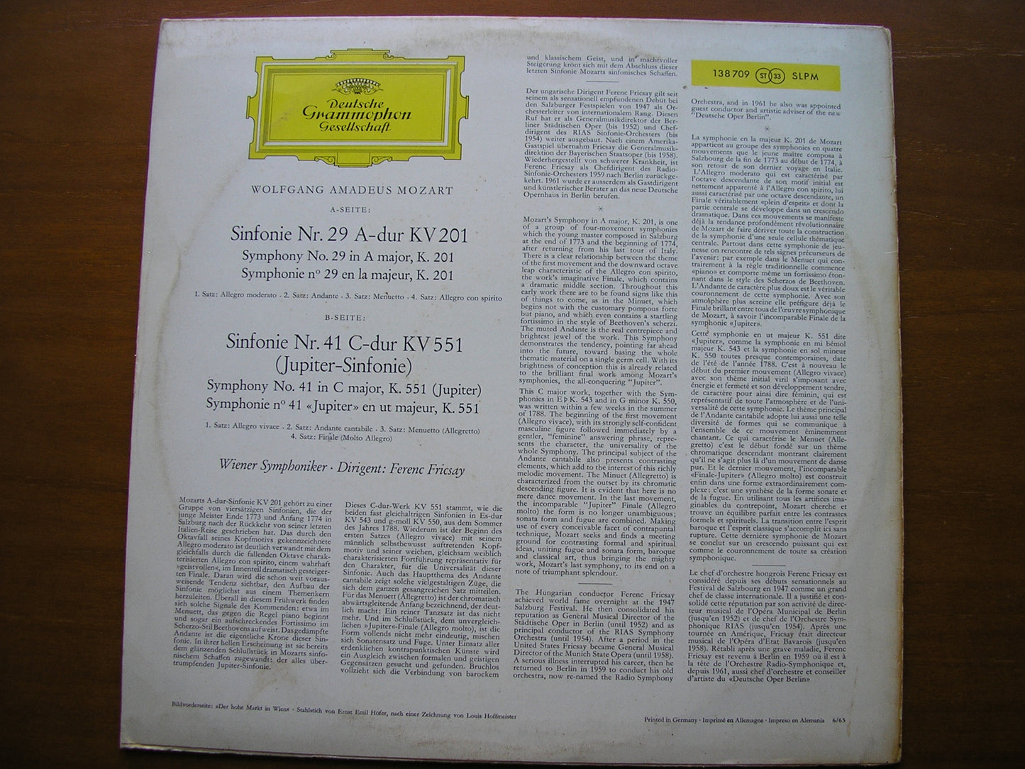 MOZART: SYMPHONIES Nos. 29 & 41 'Jupiter' FRICSAY / VIENNA SYMPHONY 138 709