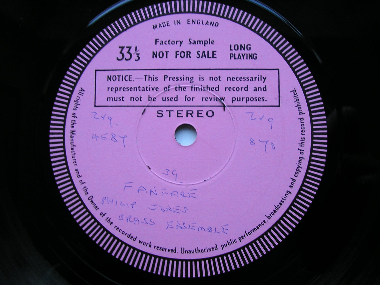 FANFARE: MUSIC FOR BRASS       PHILIP JONES BRASS ENSEMBLE / HOWARTH / SNELL   Test Pressing    ZRG 870