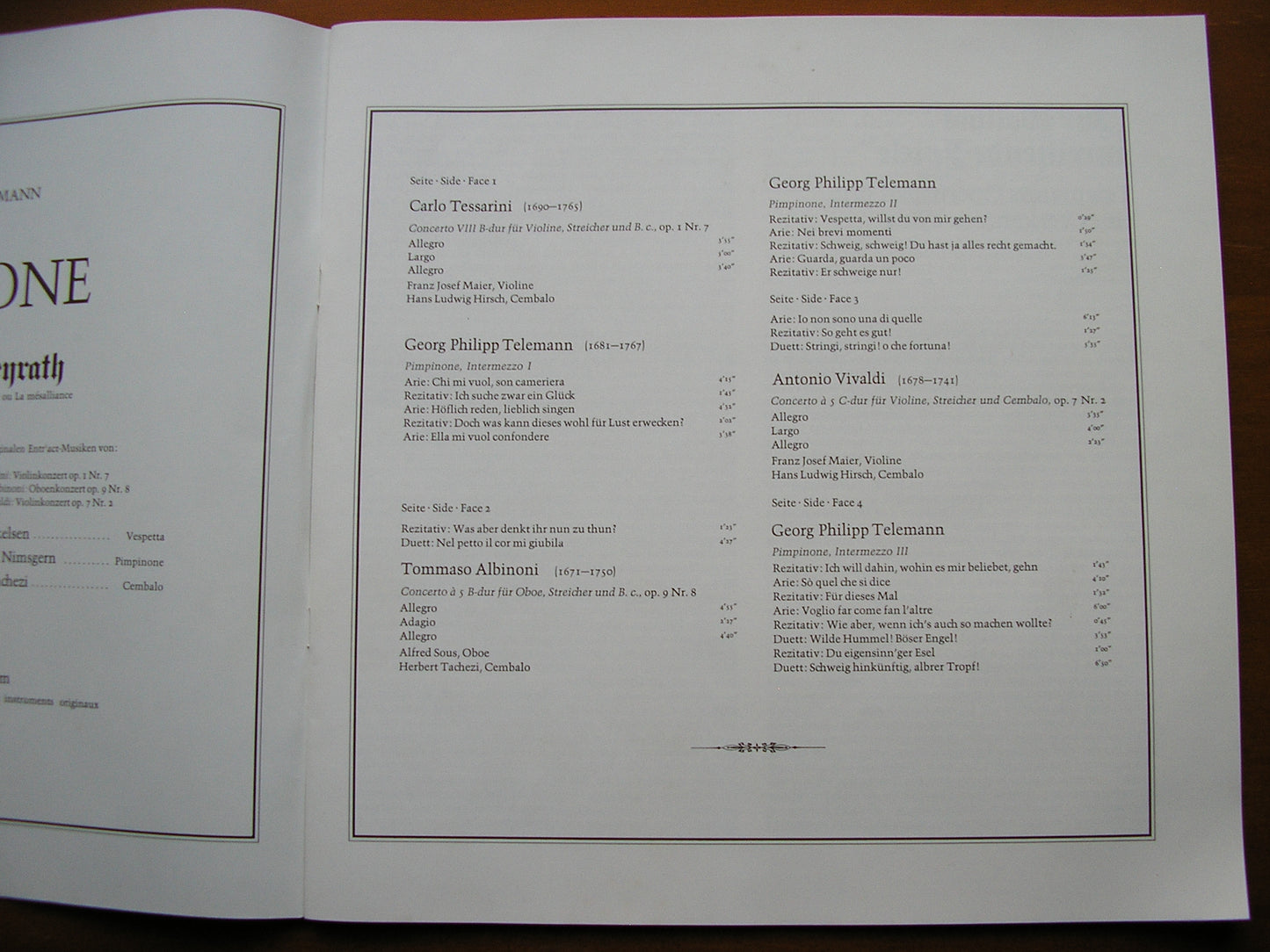 TELEMANN: PIMPINONE (1725) SPRECKELSEN / NIMSGERN / ENSEMBLE FLORILEGIUM MUSICUM / HIRSCH 2LP 4.41953 CX