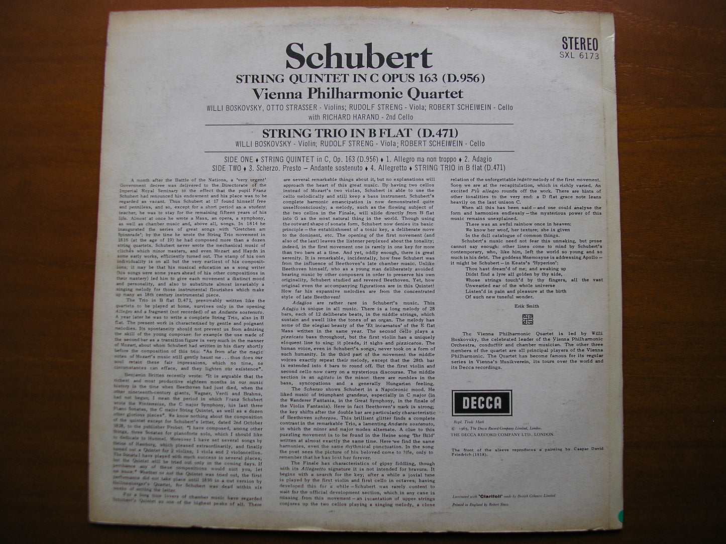 SXL 6173 SCHUBERT: STRING QUINTET / STRING TRIO VIENNA PHILHARMONIC QUARTET / HARAND ED2