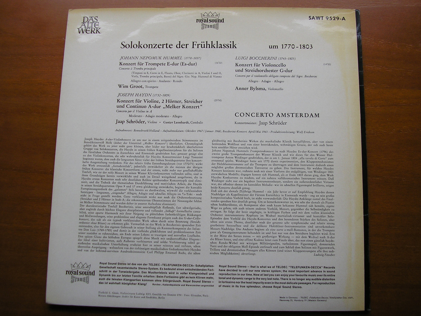 CONCERTOS OF THE EARLY CLASSICAL PERIOD: HUMMEL / HAYDN / BOCCHERINI       CONCERTO AMSTERDAM / JAAP SCHRODER       SAWT 9529