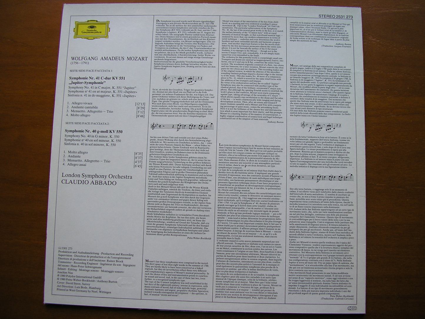 MOZART: SYMPHONIES Nos. 40 & 41 'Jupiter' ABBADO / LONDON SYMPHONY 2531 273