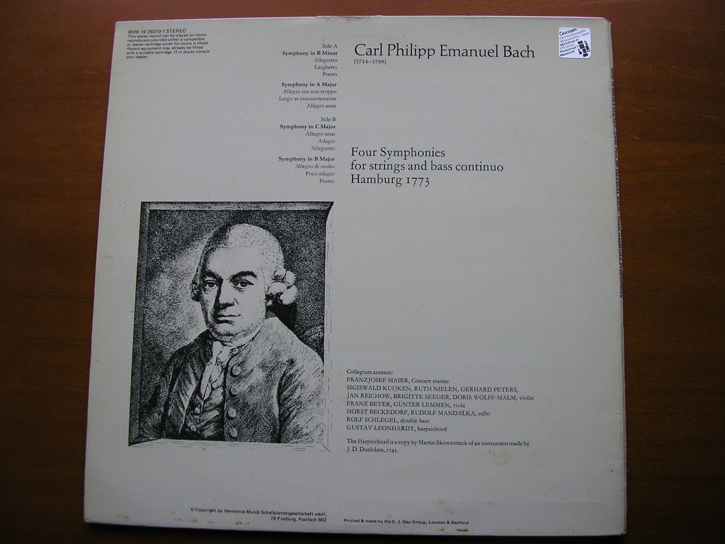 CPE BACH: FOUR HAMBURG SYMPHONIES    COLLEGIUM AUREUM / MAIER    BHM 19 29319