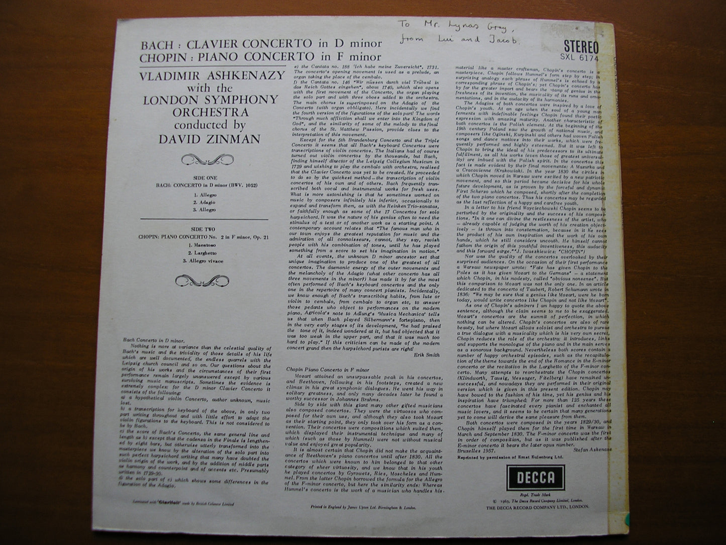 SXL 6174 BACH: CONCERTO in D / CHOPIN: PIANO CONCERTO No. 2 ASHKENAZY / LONDON SYMPHONY / ZINMAN ED2