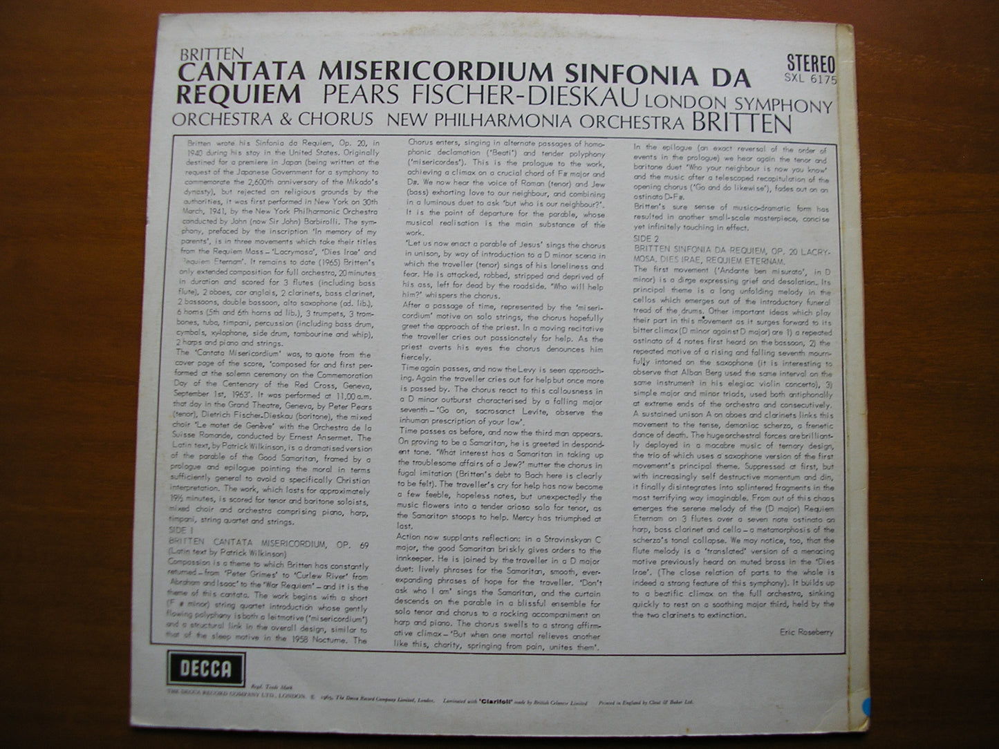 SXL 6175 BRITTEN: SINFONIA DA REQUIEM / CANTATA MISERICORDIUM / SOLOISTS / NPO / lso / BRITTEN ED1