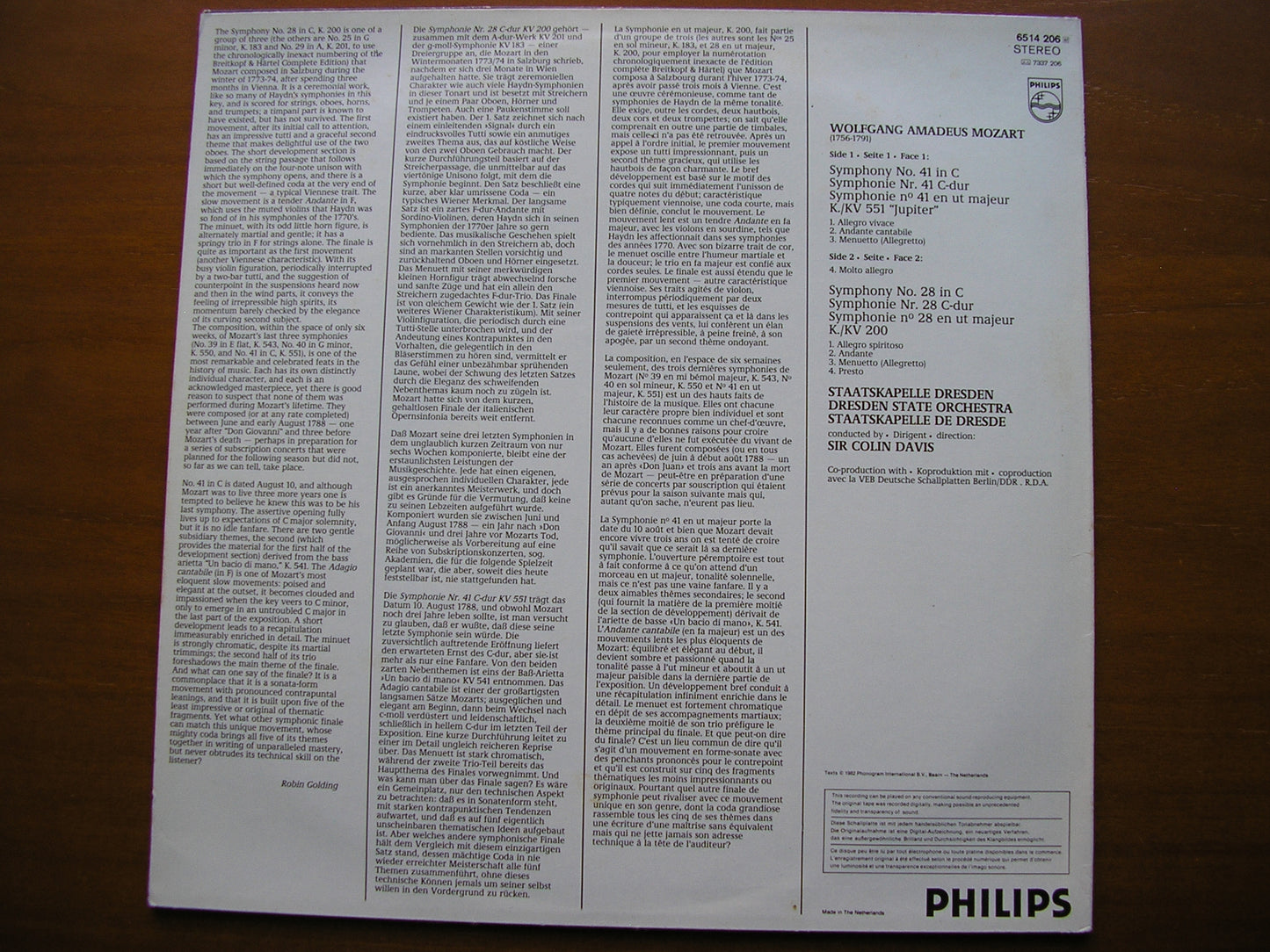 MOZART: SYMPHONIES Nos. 29 & 41 'Jupiter' DAVIS / STAATSKAPELLE DRESDEN 6514 206