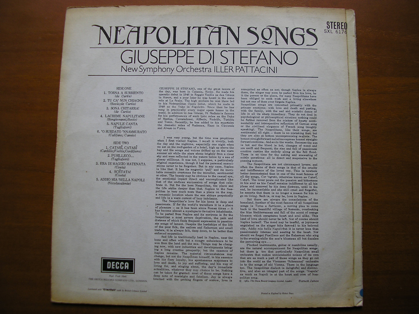 SXL 6176 DI STEFANO SINGS NEAPOLITAN SONGS: de CURTIS / COSTA / CARDILLO / BOVIO NEW SYMPHONY ORCHESTRA / PATTACINI ED1