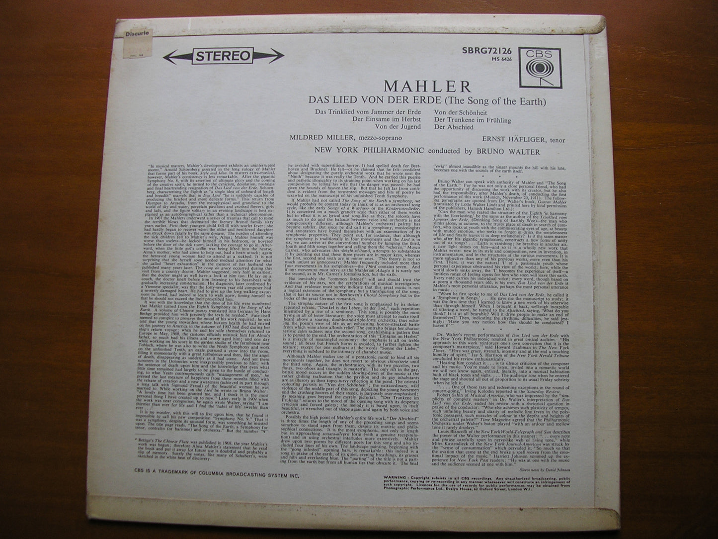 MAHLER: DAS LIED VON DER ERDE     MILLER / HAFLIGER / NEW YORK PHILHARMONIC / WALTER      SBRG 7216