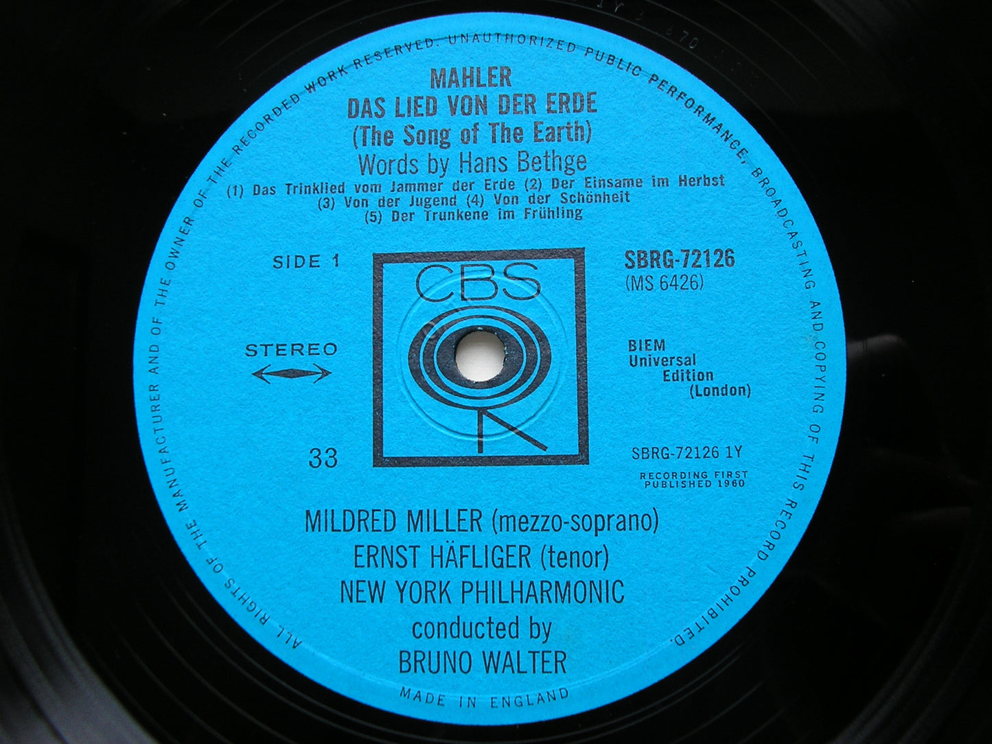 MAHLER: DAS LIED VON DER ERDE     MILLER / HAFLIGER / NEW YORK PHILHARMONIC / WALTER      SBRG 7216