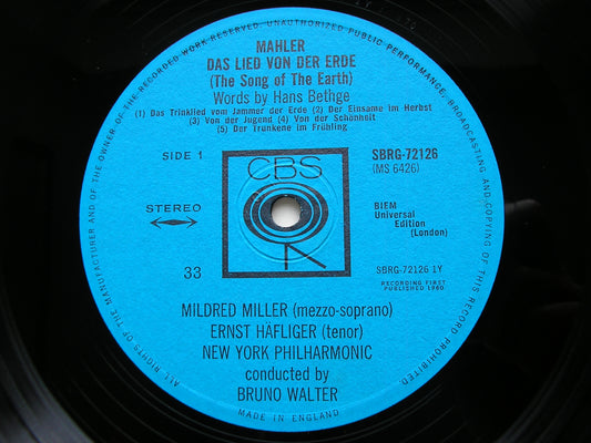 MAHLER: DAS LIED VON DER ERDE     MILLER / HAFLIGER / NEW YORK PHILHARMONIC / WALTER      SBRG 7216