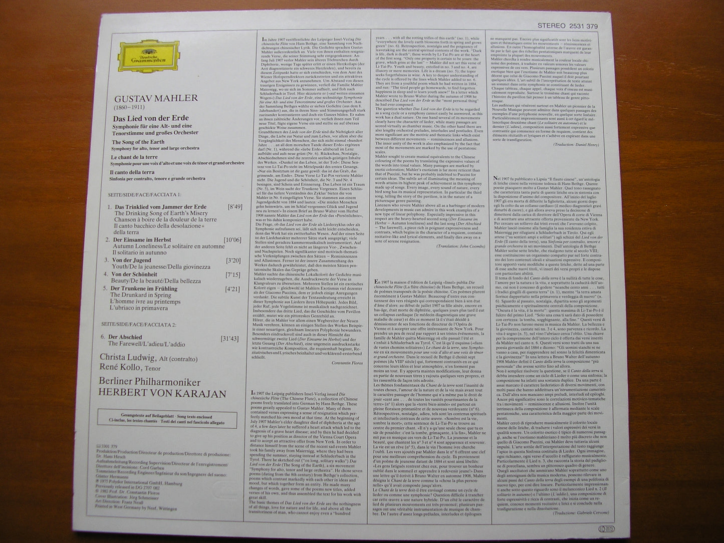 MAHLER: DAS LIED VON DER ERDE      LUDWIG / KOLLO / BERLIN PHILHARMONIC / KARAJAN     2531 379