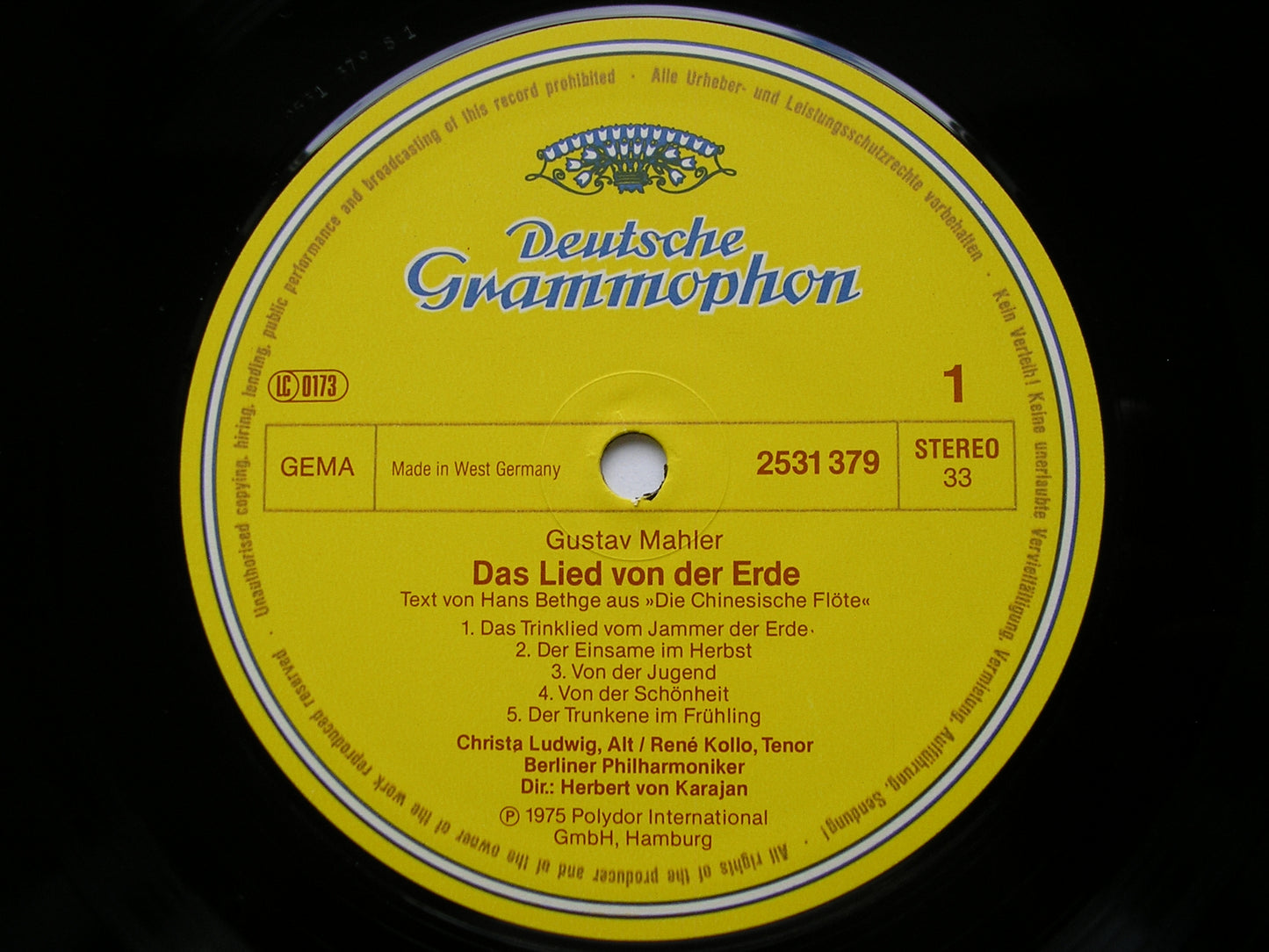 MAHLER: DAS LIED VON DER ERDE      LUDWIG / KOLLO / BERLIN PHILHARMONIC / KARAJAN     2531 379