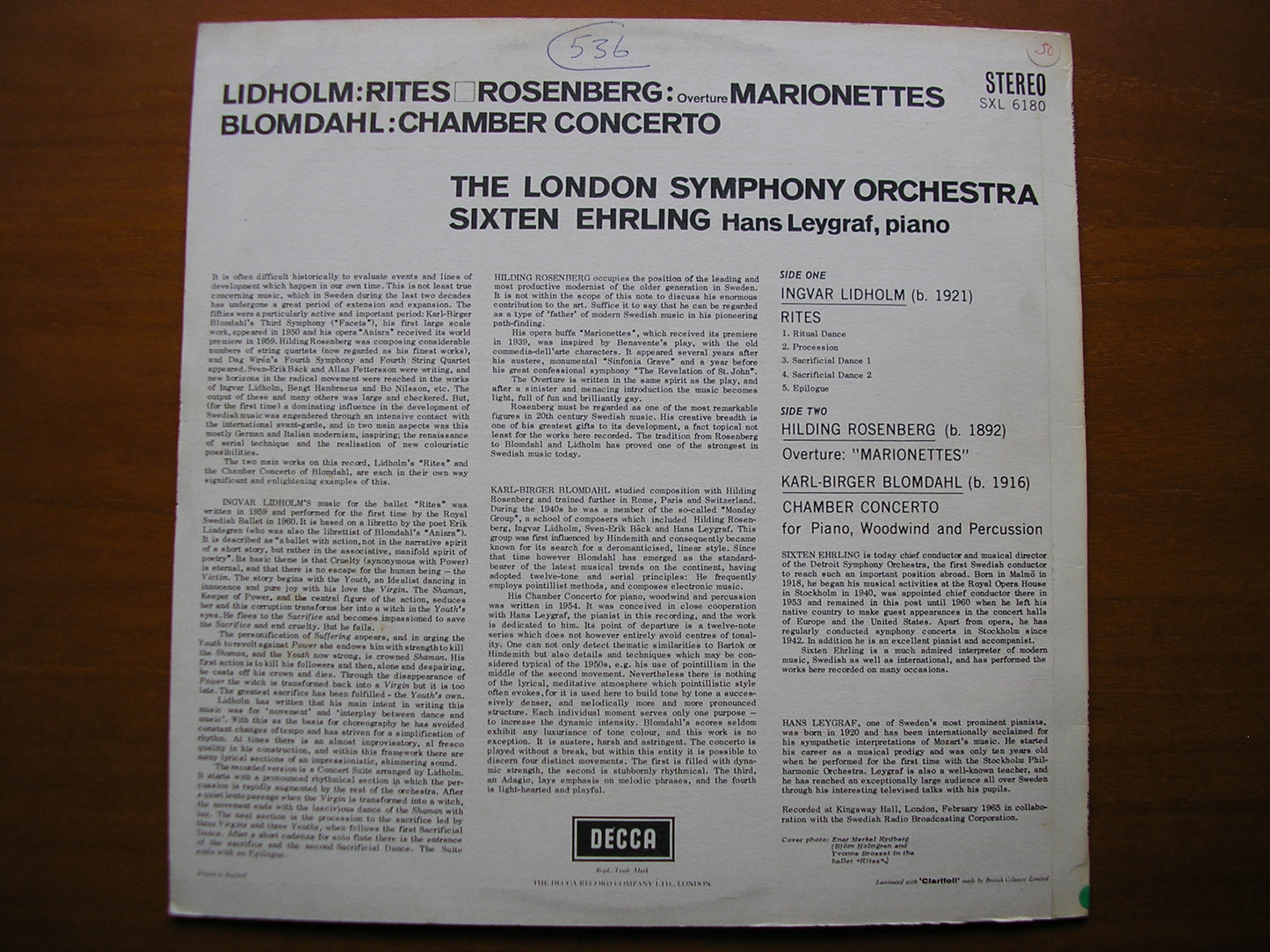 SXL 6180 LIDHOLM: RITES / ROSENBERG: OVERTURE Marionettes / BLOMDAHL: CHAMBER CONCERTO LEYGRAF / LONDON SYMPHONY / EHRLING ED1