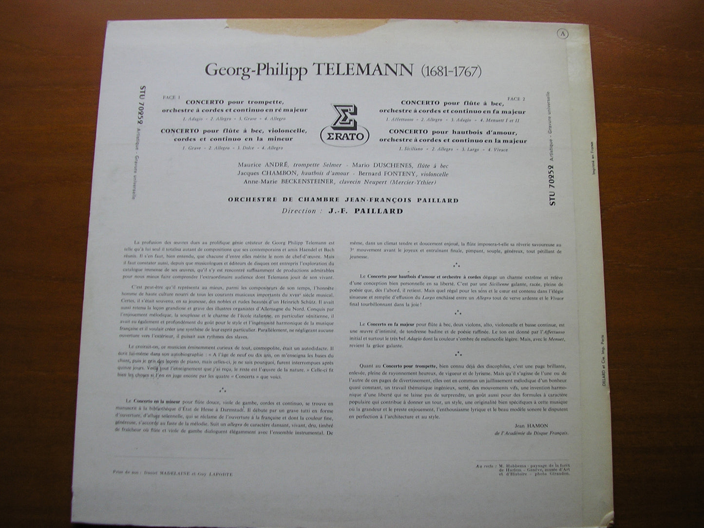 TELEMANN: FOUR CONCERTOS SOLOISTS / JEAN-FRANCOIS PAILLARD CHAMBER ORCHESTRA / PAILLARD STU 70959