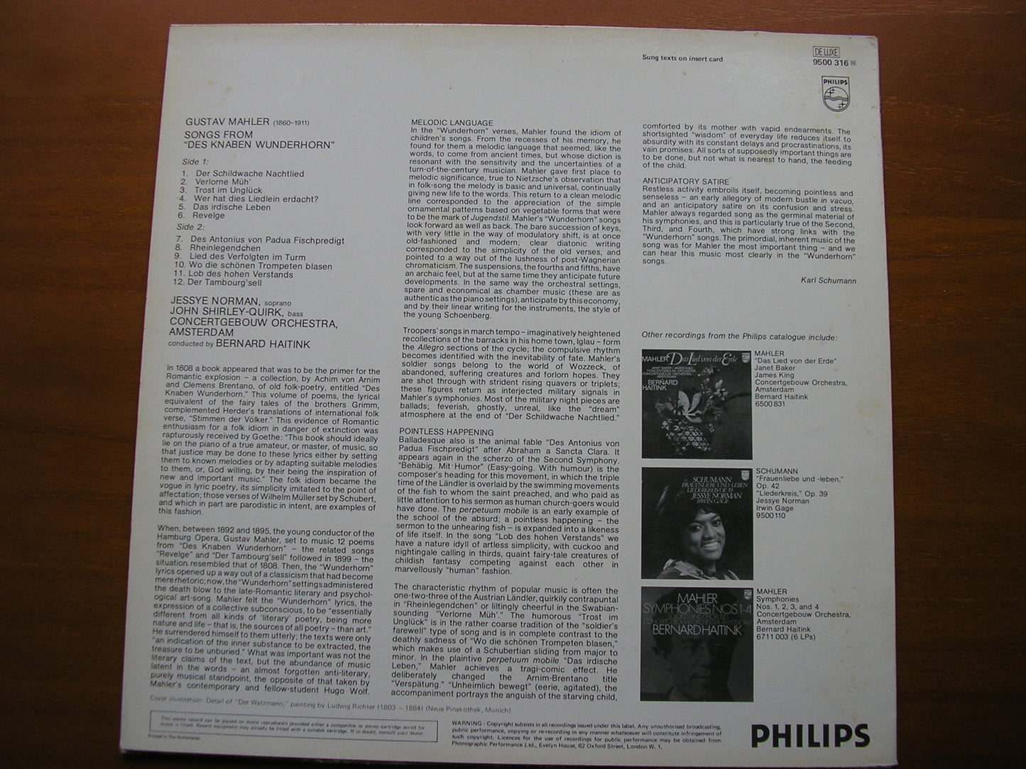 MAHLER: DES KNABEN WUNDERHORN    NORMAN / SHIRLEY-QUIRK / CONCERTGEBOUW ORCHESTRA / HAITINK      9500 316