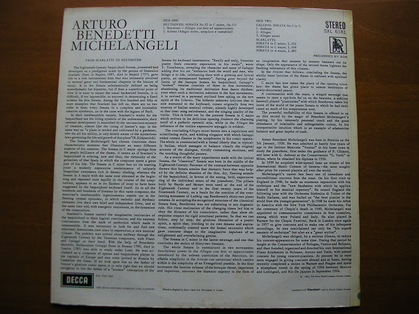 SXL 6181 BEETHOVEN: PIANO SONATA No. 32 / SONATAS BY GALUPPI & SCARLATTI MICHELANGELI ED2