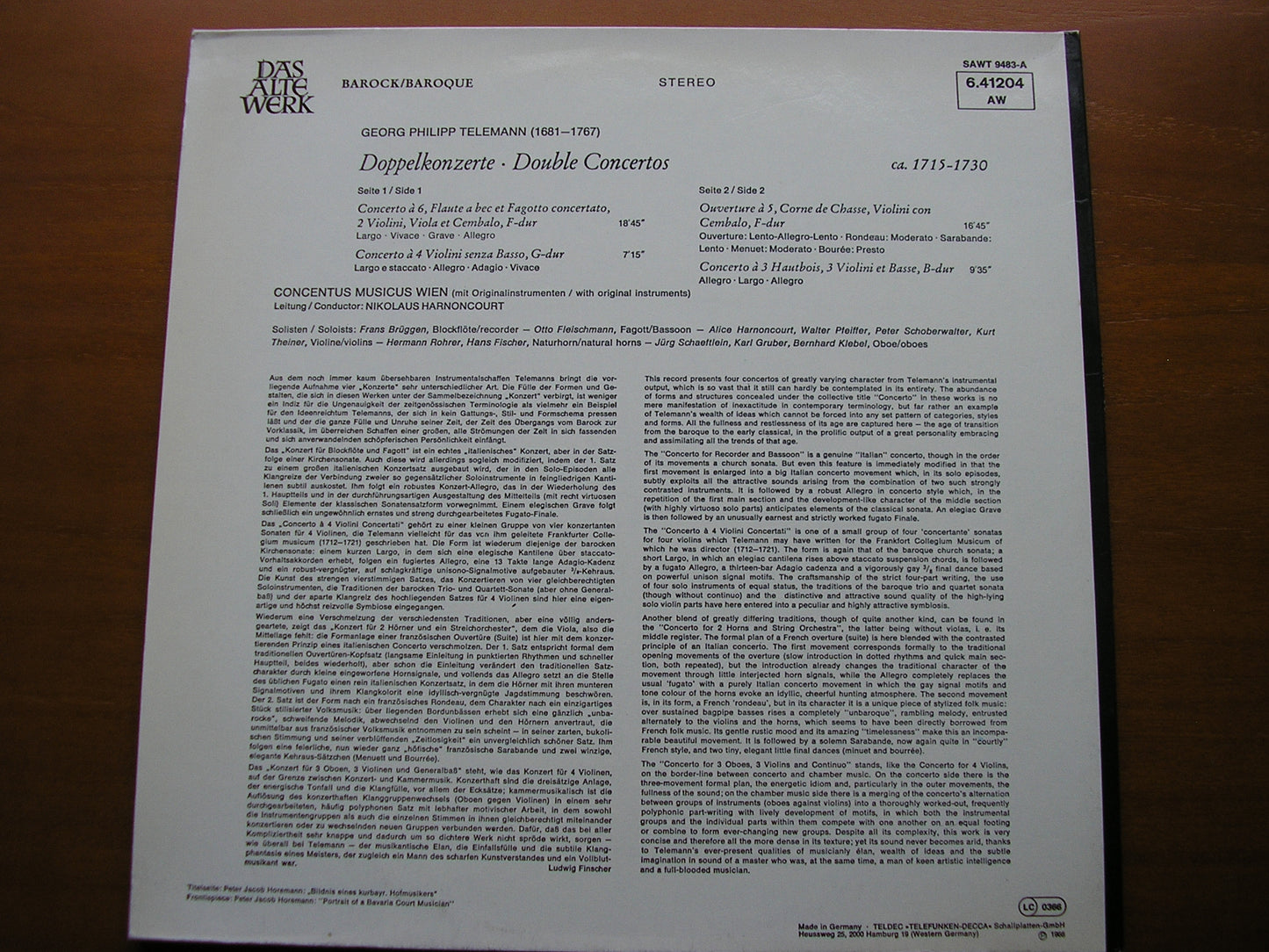 TELEMANN: DOUBLE CONCERTOS 1715 - 1730     CONCENTUS MUSICUS WIEN / HARNONCOURT     6.41204