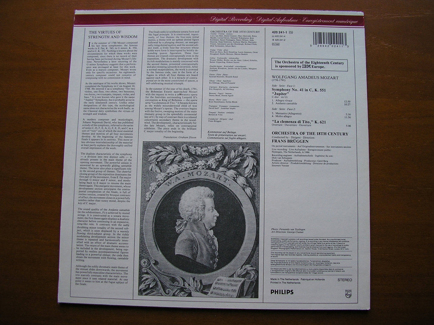 MOZART: SYMPHONY No. 41 'Jupiter' / OVERTURE BRUGGEN / ORCHESTRA OF THE 18th CENTURY 420 241
